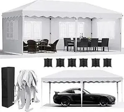 Obrázok produktu pre Záhradný pavilón - Pop Up 3 x 6 m - Rýchla montáž - Vodotesný - HDPE sPolyuretánpovrchovou úpravou - Hliníkový rám - 4 bočné steny - Biely