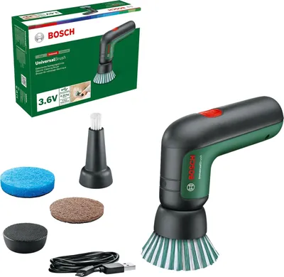 Produktbild von Bosch Home and Garden Akku Reinigungsbürste UniversalBrush (integrierter 3,6-V-Akku, 1 Micro-USB-Kabel und 4 Reinigungsaufsätze enthalten, im Karton) Grün, Norme