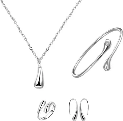 Produktbild von 4-teiliges Halsketten-Set mit Tropfen-Charm, kompaktes Legierungs-Tropfen-Charm-Ohrring-Set für Geburtstag-Silber