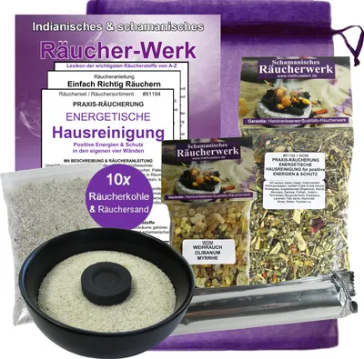 Produktbild von Räuchern GEGEN Negative Energie 7-TLG Set energetische HAUSREINIGUNG mit RÄUCHERMISCHUNG + WEIHRAUCH & MYRRHE, Räucherschale, Räucherkohle, Anleitung