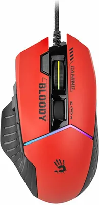 A red and black gaming mouse is shown from a top-down perspective against a white background.