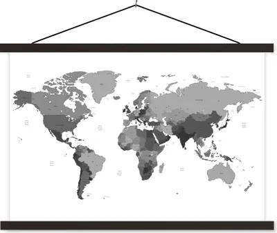 Produktbild von MuchoWow® Textilposter Weltkarte auf weißem Hintergrund - schwarz und weiß 120x80 cm mit schwarzem Rahmen - Wanddeko