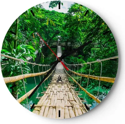 Produktbild von Wanduhr - Rund - Glasuhr - Gehweg Baum Holz Steg - 30x30cm - Schleichendes Uhrwerk - Lautlos - zum Aufhängen bereit - Dekoration Modern - Wanddekoration aus Glas - C3AR30x30-3185