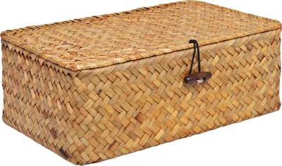 Produktbild von QUVIO Aufbewahrungskorb - Größe M - Aufbewahrungsbox - Aufbewahrungsbox - Vorratsbox - Organizer - Sortierbox - Mit Deckel - Mit Knopf - Rattan - Braun - 27x17x10cm