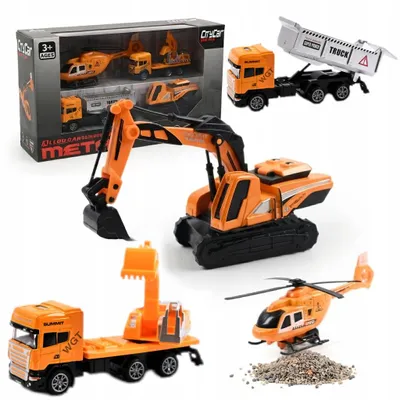 Produktbild von Baustellenfahrzeuge Spielzeug Set 4-teilig LKW Bagger Kipper Hubschrauber für Kinder