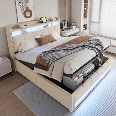 Obrázok produktu pre Postel s čalúneným rámom, rozmer 180x200 cm, s úložným priestorom, LED osvetlením a USB zásuvkou, béžový rám z ľanovej tkaniny s opierkou a poličkami