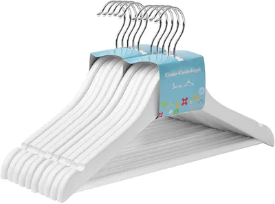 Produktbild von SONGMICS Kinderkleiderbügel aus Massivholz, 10 Stück, Holzbügel für Kinder mit rutschfestem Hosensteg und Einkerbungen, um 360° drehbarer Haken, 35 x 1,2 x 20 cm, weiß CRW006W02