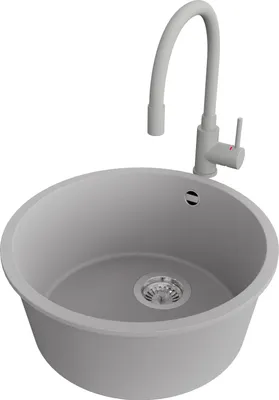 Produktbild von PRIMAGRAN Granitspüle Grau 46x46cm, Spülbecken Rund 1 Becken + Küchenarmatur 38x14cm + Ablauf-Set, Küchenspüle ab 50er Unterschrank - Valletta Slim