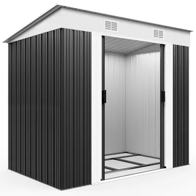 An empty metal garden shed with sliding doors.