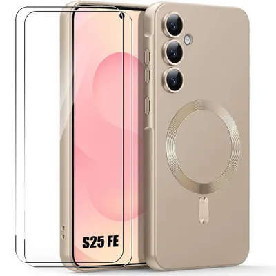 Image de Coque + 2 Verres Trempés pour Samsung Galaxy S25 FE, Protection Silicone avec Cercle Magnétique Doré