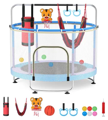 Produktbild von Kindertrampolin 1,5 m - Trampolin mit Schaukel und Basketballkorb - Turnstange - Für Kinder 3–14 Jahre - Indoor & Outdoor - Blau