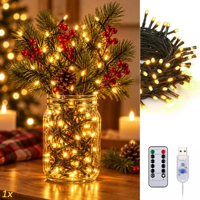 Image de 1 guirlande lumineuse de 10 mètres, 100 LED, lumière chaude, pour intérieur, avec télécommande, alimentation USB, minuterie, variateur de luminosité, 8 modes d'éclairage, idéale pour la décoration de Noël, d'anniversaires, de chambres, de balcons