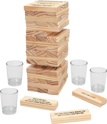 Produktbild von Trinkspiel "Drinking tower" - 4 Glas-Schnapsgläser 54 Holzklötze