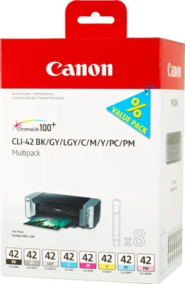 Produktbild von Canon CLI-42 BK/GY/LGY/C/M/Y/PC/PM Multipack mit 8 Tinten, Standardertrag, Schwarz, Cyan, Grau, Hellgrau, Magenta, Foto zyan, Foto magenta, Gelb, Tinte auf Pigmentbasis, Tinte auf Farbstoffbasis, 8 Stück(e), Multipack