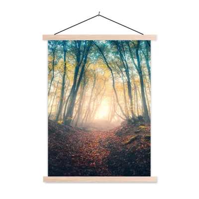 Obrázek produktu pro MuchoWow® Textilní plakát - Les - Mlha - Slunce - Podzim - 40x53cm - S hnědými lamelami