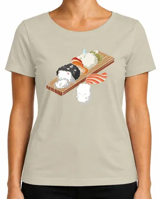 Imagen del producto de Camiseta para mujer con diseño de sushi "kawaii", onigiri, nigiri y un gato, estilo caricatura, inspirada en el anime japonés. Talla S