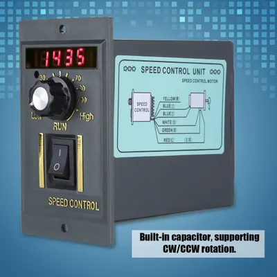 A digital motor speed controller unit with a display, knob, and switch, shown against a blue gradient background with a pixelated pattern.