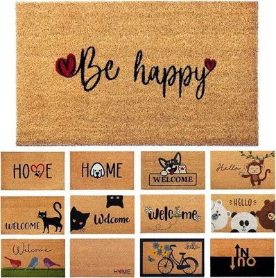 Zdjęcie produktu dla Mata wejściowa Unyqoos® Kokos-Fußmatte "Be Happy" – mata powitalna o wymiarach 70x40 cm, z powierzchnią wykonaną z włókna kokosowego i antypoślizgową podkładką PVC, idealna do przedpokoju i drzwi wejściowych