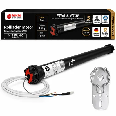 Produktbild von heicko Pro Funk-Rollladenmotor 13 Nm SW40 Rohrmotor, Plug & Play, 29 kg Zugkraft, 8 m², KI-generiertes Bild