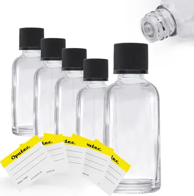 Produktbild von Oputec 5 x 30ml Klarglas-Tropfflaschen + 5 Beschriftungs-Etiketten - Glas-Apothekerflaschen mit Tröpfler