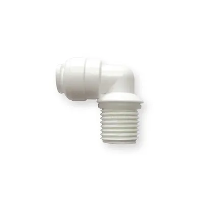 A white plastic elbow fitting with threaded male end, isolated on a white background.