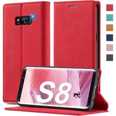 Obrázek produktu pro Obal na mobil Samsung Galaxy S8 z umělé kůže, skládací, červený, s funkcí stojánku a přihrádkami na karty