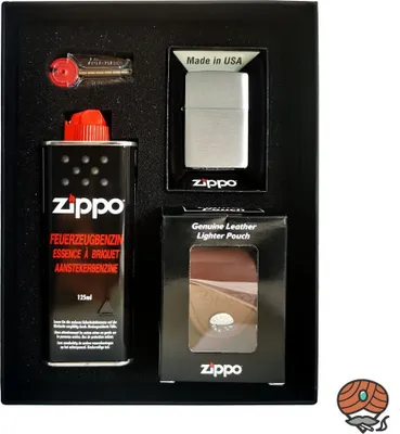 Produktbild von Zippo Geschenk Set, Zippo Chrom, 125ml Feuerzeugbenzin, Ledertasche, Feuersteine