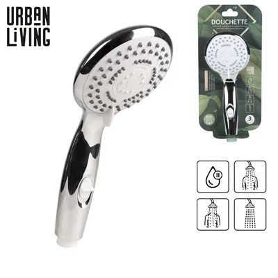 A hand-held shower head with its packaging and feature icons.