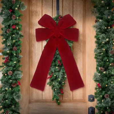 Imagen del producto de Lazo navideño grande, de terciopelo, color burdeos, para regalos, 54 cm, lazos rojos grandes, decoración navideña, corona navideña, lazos