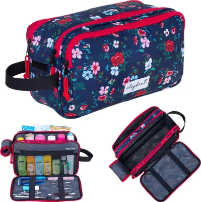 Produktbild von Kulturbeutel Kulturtasche Damen viele Fächer Kosmetiktasche gross Reise Sauna Sport Freizeit Tasche Elephant Travel Washbag XL 13022 Blue Flower Blau