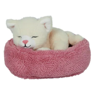 A sleeping plush kitten in a pink basket.