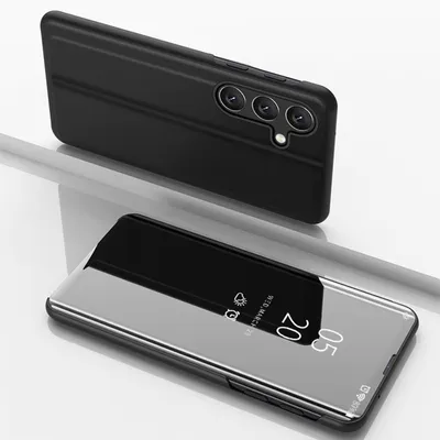 A black smartphone case with a mirrored front cover is shown in a studio setting.