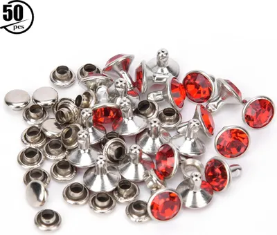 Produktbild von 50 Sets Strass-Nieten, Kristall-Diamant-Nieten, Leder-Handwerk, Tasche, Kleidung, Dekoration, 8 mm, silberner Rand, Rot