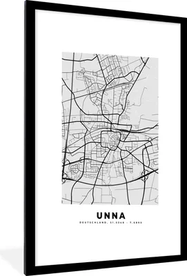 Produktbild von MuchoWow® Gerahmtes Poster Karte - Deutschland - Unna- Stadtplan 60x90 cm - Poster mit Schwarzem Bilderrahmen Wandposter Rahmen Foto Bilder - Dekoration - Wandposter Wohnzimmer - Hochwertig