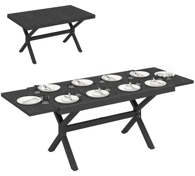 Image de Table de jardin extensible en aluminium aspect bois, 154/214 x 90 cm, 8-10 personnes, grise, pieds en acier en forme de X, résistante aux intempéries, pieds réglables