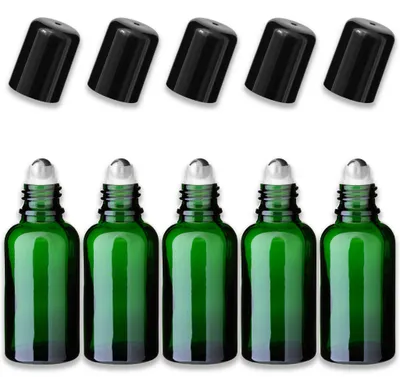 Produktbild von 5x Grüne Glasflasche 30 ml Roll-On mit schwarzem Verschluss Leer Set