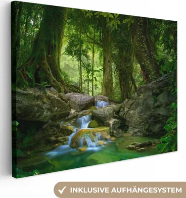 Produktbild von MuchoWow® - Leinwandbilder - Dschungel - Steine - Wasser - Natur - Pflanzen, Wandbild, Wanddeko Bilder Wohnzimmer, 120x90cm