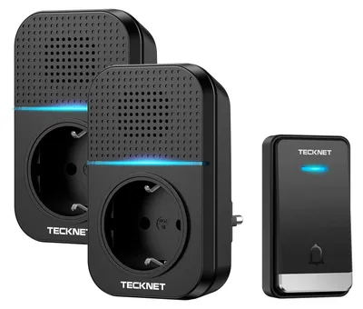 Image de Sonnette sans fil TEKKNET, alimentée par secteur, étanche, pour prises électriques. Sonnette sans fil avec indicateurs LED, portée de 400 mètres, 60 mélodies, 5 niveaux de volume