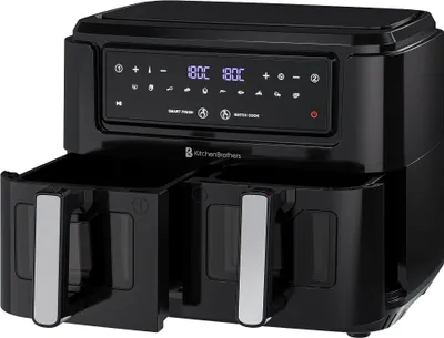 Produktbild von KitchenBrothers Heißluftfritteuse Dual Zone 9L - Doppel Airfryer XXL 2400W - 2 x 4,5L - 10 Kochprogramme - Schwarz