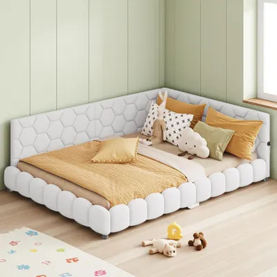 Zdjęcie produktu dla Łóżko tapicerowane INONEFT, rozkładane na sofę, 140x200 cm, łóżko młodzieżowe z oświetleniem LED, z portami typu C i USB, rozkładane na sofę z materacem sprężynowym, obite wełną merynosów, kolor biały