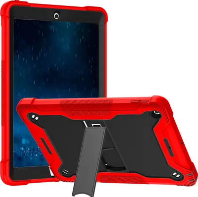 A red and black tablet case with a kickstand is shown from the front and side.