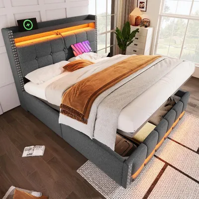 Obrázok produktu pre Postel s čalúneným rámom 160x200 cm s úložným priestorom, LED osvetlením a USB zásuvkou, sivá postel čalúnená ľanovým materiálom s opierkou a odkladacím priestorom do spálne