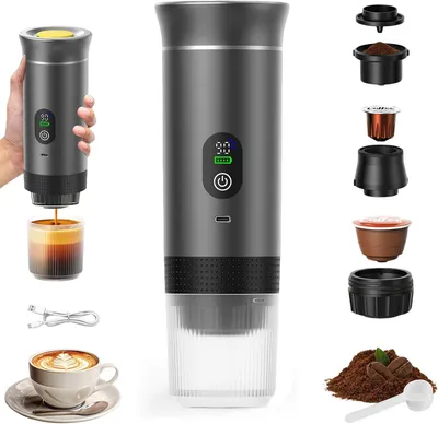 Produktbild von Tragbarer Kaffeezubereiter – Reise-Espressomaschine – Kaffee zubereiten unterwegs – 3-in-1-Funktionalität – 90 ml Fassungsvermögen – Grau