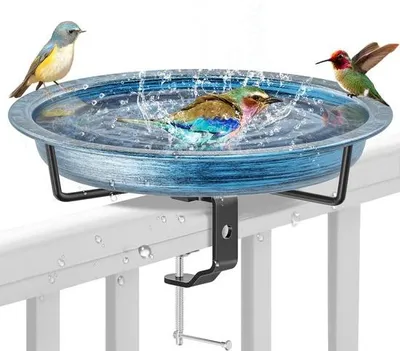 Produktbild von Vogelbad mit Futtertripp für den Gartenbalkon, Vogeltränke, Vogelställe, Außenwelt für Vögel, Vogelfutterausleger (altblau)