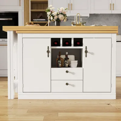 Produktbild von Flieks Drehbarer Bartisch mit Sideboard, Ausziehbarer Bartisch 360° Drehbar,  Kommode mit Schubladen, Weinregal und Türen, 120-180x40x76cm, Weiß