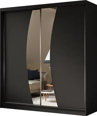Produktbild von ALTDECOR Kleiderschrank mit Spiegel und Schiebetüren VOXI, kugelgelagerte Führungsschienen und Aluminium-Leisten, LED-Beleuchtung (weiß + 16 Farben) und Fernbedienung 200 cm Schwarz