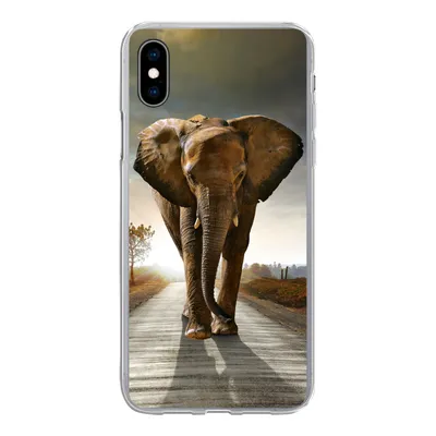 Produktbild von MuchoWow® Handyhülle Schutzhülle Hülle für iPhone Xs Elefant - Straße - Tiere - Sonnenuntergang - Landschaft Silikon Softcase Handy Hülle - Handytasche