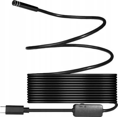 A black endoscope camera with a USB-C connector and a coiled cable is shown against a white background.