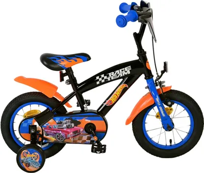 Zdjęcie produktu dla Rower dziecięcy Volare Hot Wheels dla chłopców - 12 cali w kolorze czarnym, pomarańczowym i niebieskim