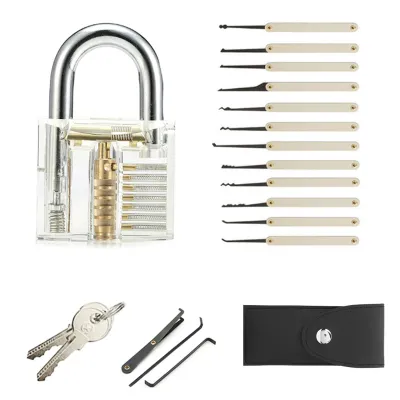 A transparent lock, a set of lock picking tools, keys, and a leather pouch are displayed against a white background.